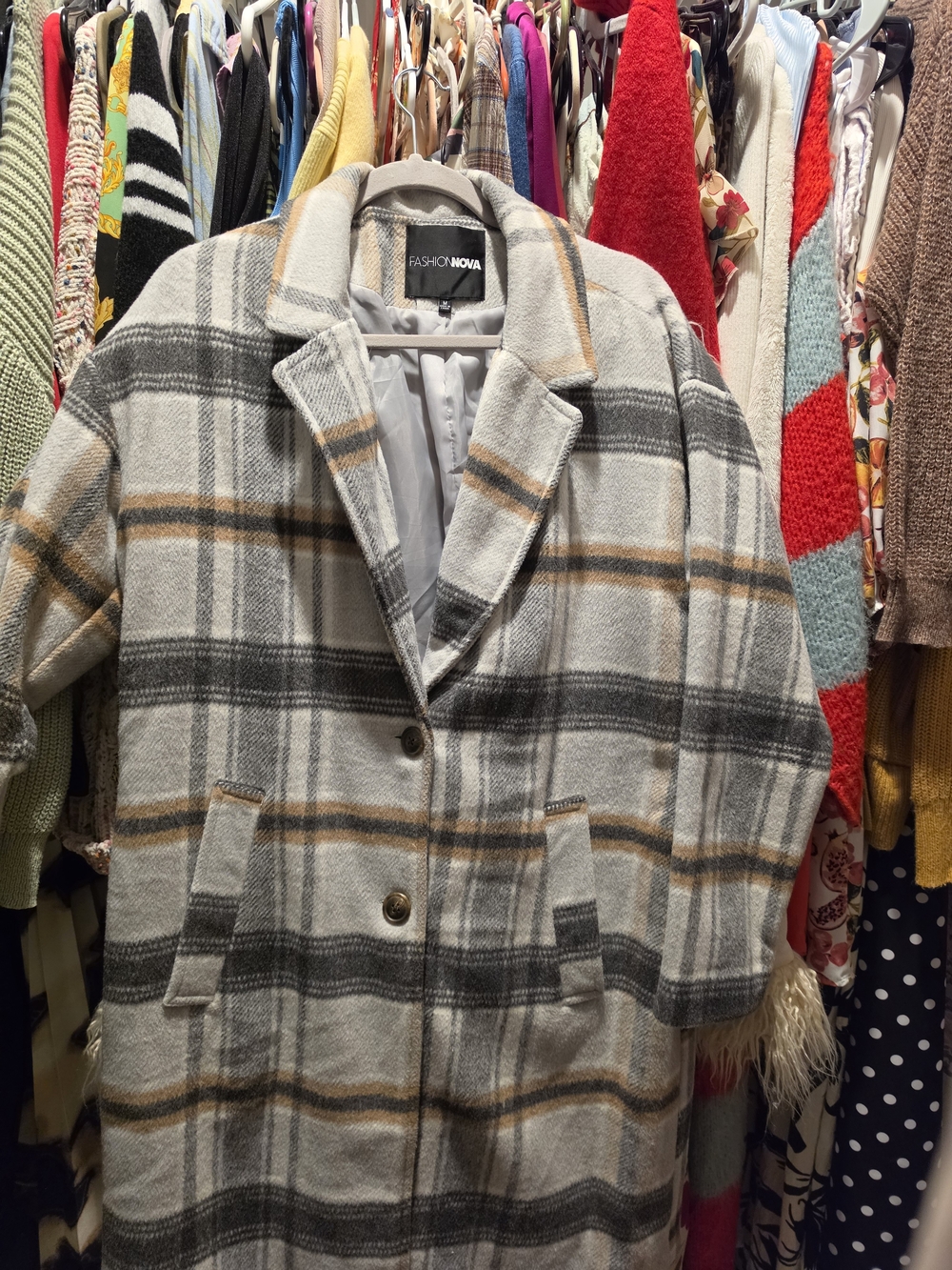 Fashion Nova Women's Gray Plaid Long Coat